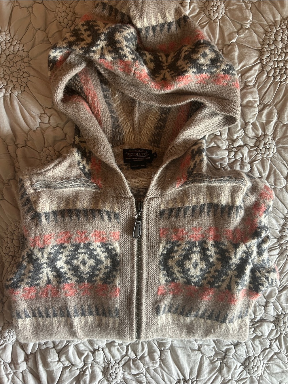 Pendleton Neutral Hooded Zip Sweater with Coral & Gray Motif